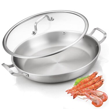 Yeksum Tri-Ply Stainless Steel Paella Pan, 13.5 Inch Paella Pan with Lid, 8-10 Servings Compatible with All Cooktops Up to 600℉, 18/10 Large Skillet, Stainless Steel Paella Pan, for Outdoors, Parties
