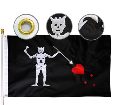 MIDLE Double Sides Pirate Edward Teach Flag 3x5 Ft Outdoor Large - Embroidered Spear Skeleton Red Heart BlackBeard Flags Queen Annes Revenge House Decoration Banner