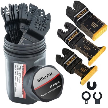 HIDOTOL 17 PCS Titanium Oscillating Saw Blades Universal Multitool Blades for Cutting Hard Material, Metal Nails, Wood, Plastic, Oscillating Tool Blades Kit fit in Sturdy Round Case.