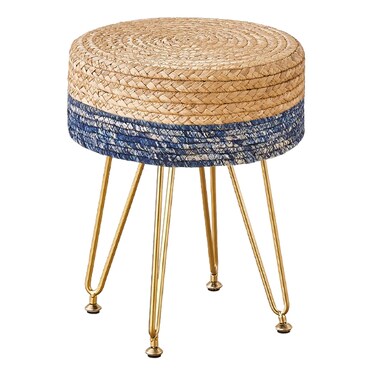 Wimarsbon Pouf Ottoman Handmade Natural Water Hyacinth Footrest with 4 Metal Legs Round Vanity Stool for Bedroom, Hallway, Living Room (Natural Water Hyacinth &amp; Blue Corn Husk + Gold Legs)