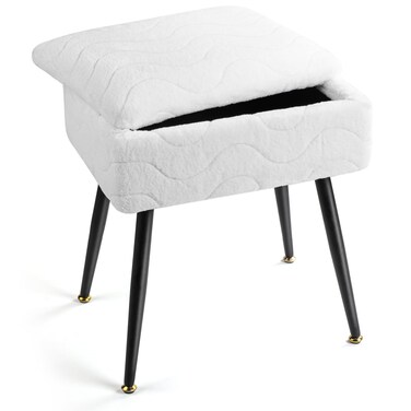 Allinside Faux Fur Vanity Stool with Storage, Doubles As a Side Table and Footstool for Couch, 18.7" H Makeup Vanity Chair with 4 Metal Legs for Bedroom, Living Room, Entryway (White)