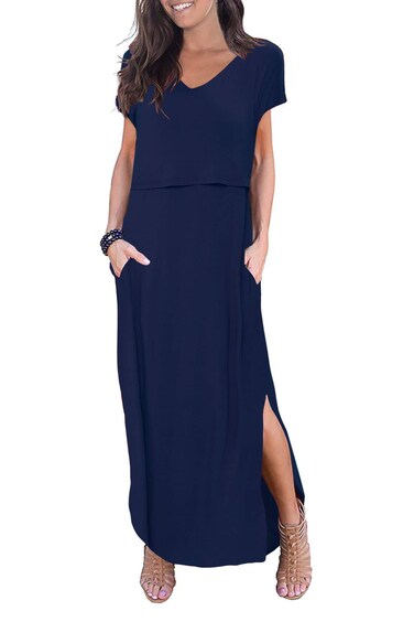 Smallshow Women's Maternity Nursing Dresses Split Long Dress for Breastfeeding Medium Dark Blue