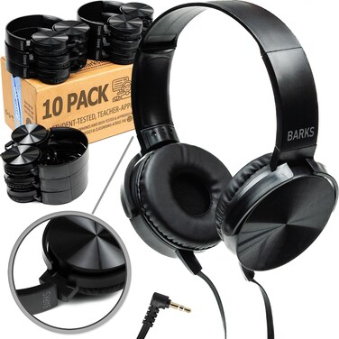 Barks Classroom Headphones (10 Pack, Stealth) - On-Ear Premium Student Bulk Headphones: Perfect for Kids K-12, Schools &amp; Class Sets (Great Value, Durable, Noise Reducing, Comfortable, Easy-to-Clean)