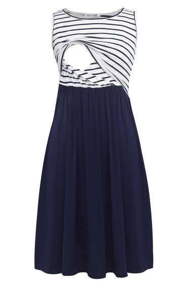 Smallshow Women's Sleeveless Nursing Dresses Patchwork Maternity Breastfeeding Dress Navy Stripe-Navy X-Large