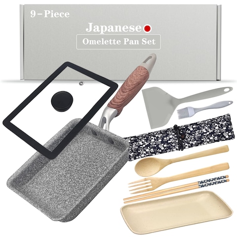 DXBVIEX 9 PCS Tamagoyaki Pan Set, Japanese Omelette Pan Nonstick with Lid, Square Japanese Egg Pan, Rectangle Tamago Pan 7&quot; x 5&quot; Grey