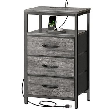 Huuger Nightstand with Charging Station, 27.6 Inch Side Table with Fabric Drawers, End Table Bedside Table with USB Ports and Outlets, Night Stand for Bedroom, Grey