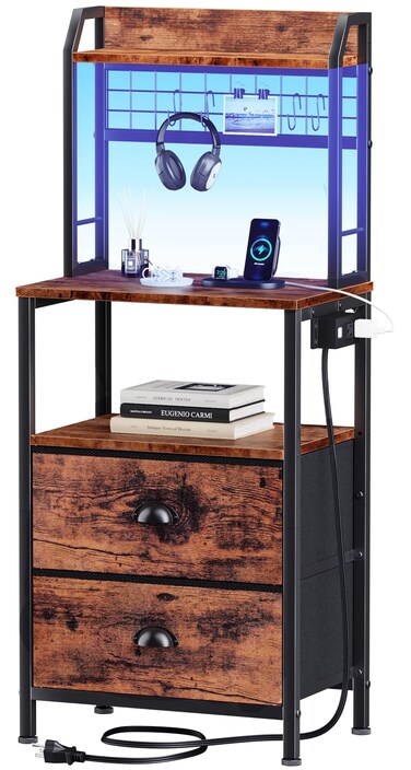 Furologee Tall Nightstand with Charging Station &amp; LED Lights, 41'' Bedside Table with 2 Drawers &amp; Pegboard, White Night Stand with Hooks &amp; Folders, End Table with Shelves for Bedroom/Living Room