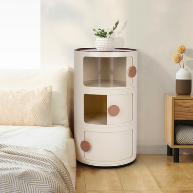 mopam Round Nightstand Round Bedside Cabinet Nordic Bedside Nightstand Bedside Table with Sliding Doors Round Storage Cabinet Nightstand for Bedroom (3 Drawers)