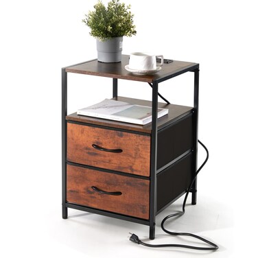 Nightstand with Charging Station Side Tables with USB Ports and Outlets Bedroom Nightstand with Fabric Drawers End Table with Open Shelf Modern Nightstand Brown and Black