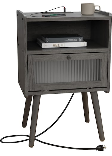 Mid Century Modern Nightstand with Charging Station, Bedside Tables with Glass Door, End Table Side Table with 2 Tiers Storage Space, for Bedroom, Living Room, Dark Grey