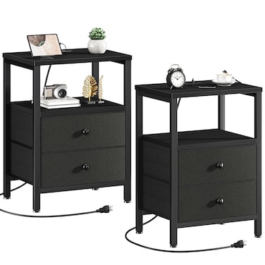 KAI-ROAD Black Night Stand Set 2 Nightstand with Charging Station, Bedroom Nightstands Set of 2 with Drawer End Table Dorm Bedside Table Modern