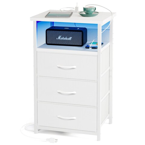 Fixwal Night Stand with Charging Station, LED Nightstand with U-S-B Ports and Outlets, 3 Fabric Storage Drawers with PU Finish, Bed Side Table, White
