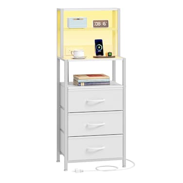 Furnulem Night Stand, Bedside Nightstand with 4-Tier Shelves and 3 Fabric Drawers, LED Bed Side Tables with Charging Station, Tall Bedside Table for Bedroom, Hallway, Office,White