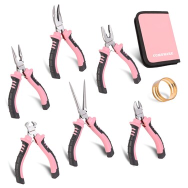 COMOWARE 6-Piece Mini Pliers Set, Needle Nose, Long Nose, Bent Nose, Diagonal, End Cutting and Linesman, for Crafts Work, Electronic Repair, with Pink Pouch