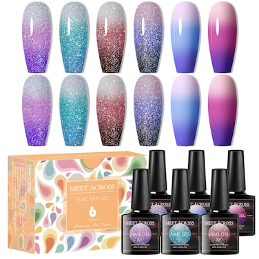 MEET ACROSS Color Changing Gel Nail Polish, 6 Colors Temperature Changing Colors Glitter Purple Blue Pink Red Silver Black Mood Changing Long Lasting Soak Off LED/UV Nail Lamp DIY Home Kit for Women