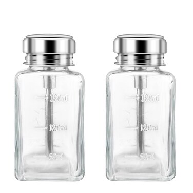 2 PCS 6 Oz Glass Pump Dispenser Bottle Push Down for Nail Polish Remover, Clear Refillable Dispenser Bottle Hand Pumping Press Container with Metal Flip Cover Pump Bottle Dispenser (A)