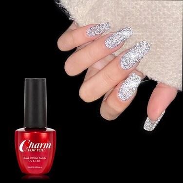 VERONNI Silver Reflective Glitter Gel Nail Polish Explosion Bungee Soak Off UV Nail Gel Shiny Sparkling Broken Diamond Disco Gel Nail Art For Daily Halloween Birthday Party (01)