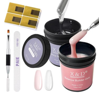 X&amp;D Gel Nail Polish Kit UV Polygel 2 Bottles Quick Dry 100g Natural Clear Color Nail Extension with Nail Forms, Nail File, Acrylic Nail Sable Brush (Transparent &amp; Nude Pink)