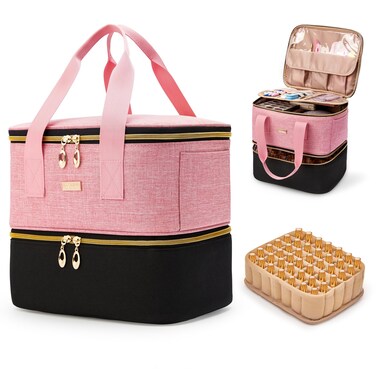 BAGMIND Nail Polish Organizer, Double Layer Nail Organizer and Storage Box Holds 42 Bottles &amp; Nail Tech Kit Supplies, Large Capacity Nail Polish Organizer Case Carrying Bag