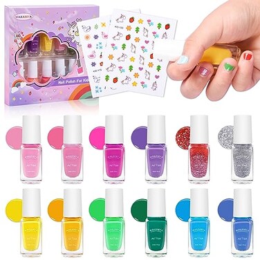 wakaniya Kids Nail Polish Set for Girls - 12 Candy Colors Toddler Nail Polish Kit with Nail Stickers, Water Based Natural Safe NonToxic Peel Off Quick Dry Nail Polish Set Gift for Girls 3+