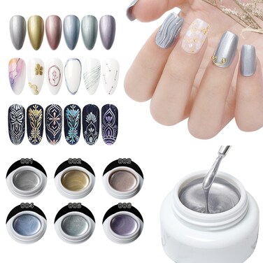 LOKFAR 6 Colors Metallic Nail Polish Nail Art Gel Polish Set, 3D Reflective Metallic Painted Nail Gel Liner Nail Art Polish Emboss UV Gel Nail Polish Gel Paint Nail Painting Kit for DIY Art Nail Salon