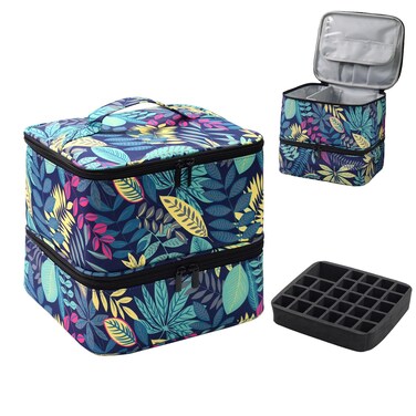 Nail Polish Case Organizer Bag Holds 30 Bottles and Nail Lamp, Portable Travel Nail Polish Storage Bag Double Layers for Manicure Tools Storage (MapleLeaf Pattern)