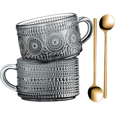 Gezzeny Vintage Glass Coffee Mugs 14 Oz Set of 2 Gray Embossed Tea Cups for Cappuccino, Latte,Cereal, Yogurt, Beverage Hot/Cold Mother's Father's Day Gifts