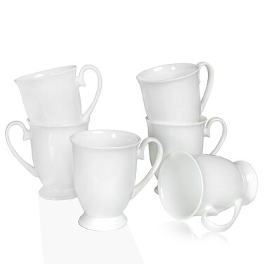 COSTMANCE Royal White Coffee Mugs Set of 6,9oz Fine Bone China Coffee Cups,DIY Gift for Coffee Lovers,Porcelain Tea Mugs for Women and Men,Use for Coffee Tea Hot Cocoa,Wedding and Party