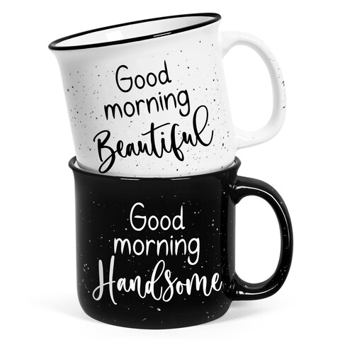 YHRJWN His and Hers Gifts, Good Morning Beautiful Good Morning Handsome Coffee Mug, Couple Mugs for Mr and Mrs, Newlyweds Couples Gifts for Wedding Anniversary, Christmas Gifts for Couples, 15 Oz