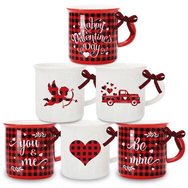 Whaline 6Pcs Valentine's Day Mini Coffee Mug with Ribbon Red Black Plaid Heart Truck Cupid Tiered Tray Decor for Anniversary Wedding Gift