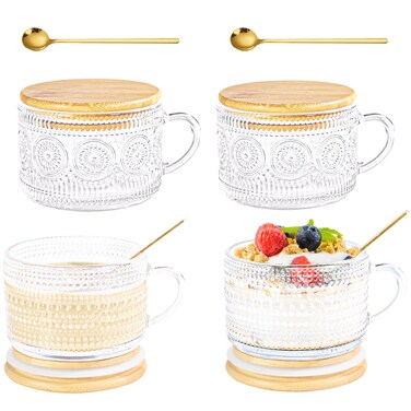 Icesip 14oz Mugs Set of 4 Overnight Oats Glass Hobnail Sunflower Containers with Bamboo Lids Spoons Handle for Coffee Latte Cereal Yogurt(Sealing Ring 4Mixed)
