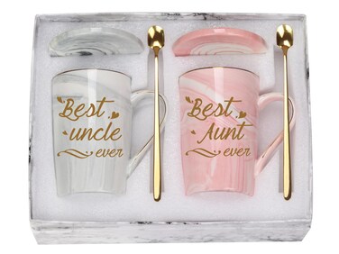Best Aunt Ever and Best Uncle Ever Mug, Aunt and Uncle Gifts, Best Aunt Uncle Ever Coffee Mug Set, Birthday Mothers Day Gifts for Aunt Uncle from Nephew Niece 14OZ Pink with Gift Box Spoon Coaster