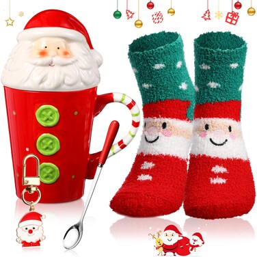 Sliner 4 Pcs Christmas Snowman Gifts Set Include Ceramic Christmas Coffee Mugs with Lid Red Spoon Mini Xmas Keychain Cute Winter Fuzzy Socks Thank You Birthday Christmas Gifts for Women Men