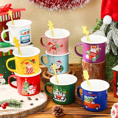 Sliner 8 Set Christmas Coffee Mugs with Christmas Spoon 12 Oz Holiday Coffee Mug Enamel Mug Hot Cocoa Design Christmas Gift Mugs for Friends Coworker Office Home (Classic)