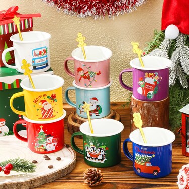 Sliner 8 Set Christmas Coffee Mugs with Christmas Spoon 12 Oz Holiday Coffee Mug Enamel Mug Hot Cocoa Design Christmas Gift Mugs for Friends Coworker Office Home (Vintage)