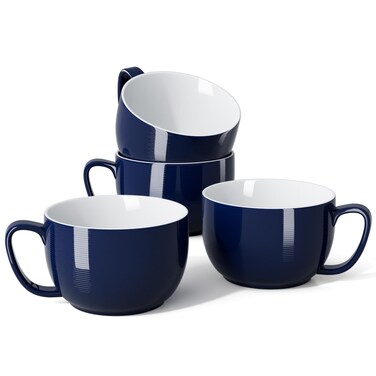 Teocera Soup Mugs with Handles, White Coffee Mugs Set of 4, Large Soup Cups - Striped Design - 24 Ounce Porcelain Jumbo Mugs Bowls for Coffee, Oatmeal, Hot Cocoa, Cereal