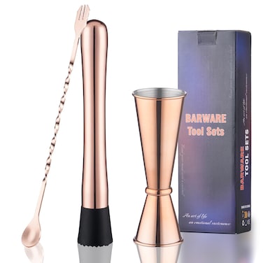 Gbuxska Rose Gold Muddler for Cocktails, 10 Inches Bar Mixing Spoon, 1 oz 2 oz Double Jigger- Premium 3 Piece Rose Gold Bar Tool Set for Drinks