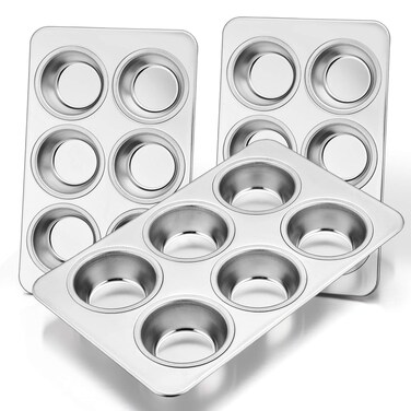 E-far Muffin Pan Set of 3, Stainless Steel Muffin Pan Tin for Baking, 6-Cup Metal Cupcake Pan Tray, Non-toxic &amp; Healthy, Oven &amp; Dishwasher Safe, Regular Size - 11.44 x 7.12 x 1.25 inch
