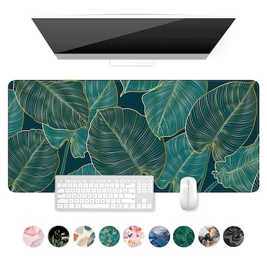 Auhoahsil Desk Mat, Ultra Large Mouse Pad, XXL Gaming Mousepad, Green Tropical Leaves Desk Pad, Big Extended Full Size Mouse Pad, Desktop Desk Matt for Keyboard, Laptop &amp; Computer, 35.5 x 15.7 in