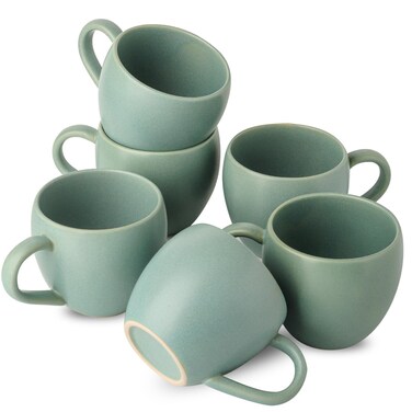 Tikooere 16 oz Coffee Mugs Set of 6, Stoneware Coffee Mugs with Large Handle, Ceramic Coffee Cups for Coffee, Milk, Tea, Cereal, Microwave Safe Mugs for Birthday Christmas Gfit, Turquoise