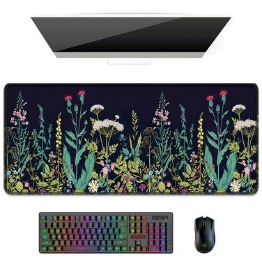 Auhoahsil Desk Pad, XL Extended Large Gaming Mouse Pad 31.5 x 11.8 Inch, Waterproof Mousepad with Stitched Edges, Non-Slip Computer Keyboard Laptop Mat for Women Men Office Work, Silent Night Flowers