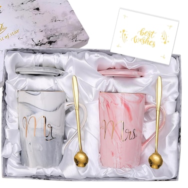 Mr and Mrs Coffee Mugs Set, Best Wedding Gifts for Couple Bride and Groom Newlyweds, Husband and Wife Anniversary Present, Bridal Shower Gifts, Engagement Gifts for His and Hers, 14 Oz Gray &amp; Pink