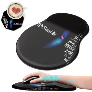 Ergonomic Mouse Pad with Wrist Rest Support + Cup Coasters,Thick Mousepad Relief Carpal Tunnel Pain, Mouse Pad with Non-Slip PU Base, Computer Mouse Pads for Wireless Mouse,Butterfly and Bible 4:13