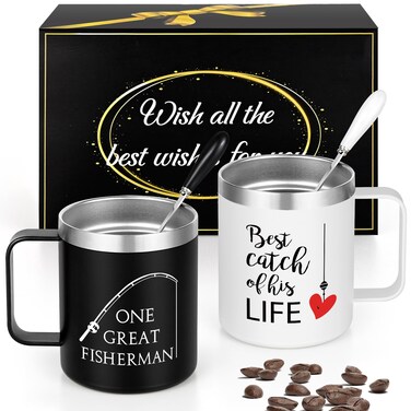 Qtencas Couple Gifts, One Great Fisherman Best Catch of His Life Stainless Steel Insulated Coffee Mug, Couple Christmas Gifts, Anniversary engagement gifts Wedding Gifts for Couples His and Her, 12 OZ