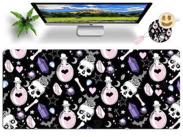 Mouse Pad Large with Coaster, 35.4"x15.7" Skull Goth Magic Cute Witchy Theme Design Full Desk Mousepad Stitched Edges Desk Pad Extended Large Gaming XXL Mouse Pad for Desk Office Home