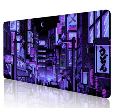 SXCKANG Dark Purple Japanese Anime Desk Mat, Retro Vaporwave Large Gaming Mouse Pad for Laptop Computer, Neon Tokyo Street Pixel Art Full Desk Mouse Pad, XXL Skyline City Mousepad- 35.4 x 15.7 Inch