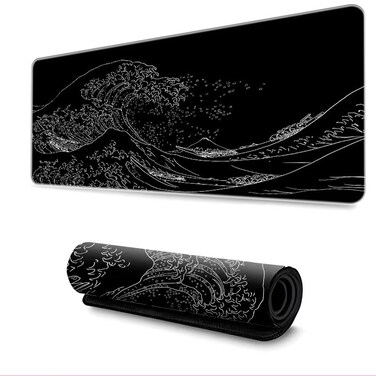 Japanese Sea Wave Gaming Mouse Pad, Anime Gaming Mousepad, Extended Kanagawa Mat Desk Mat, Large Desk pad 31.5x11.8 Inch 2mm Thick Long Non-Slip Rubber Base Mouse Pads (Black)