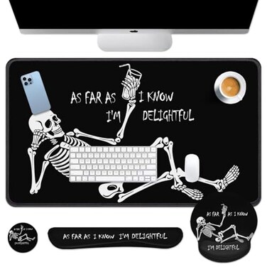 Britimes Keyboard Mouse Pad Set 4in1 Large Mousepad+Keyboard Wrist Rest+Mouse Wrist Rest+Coaster Set with Ergonomic Design for Home Office Computer 35.4x15.7Inches(Black Skull Skeleton)