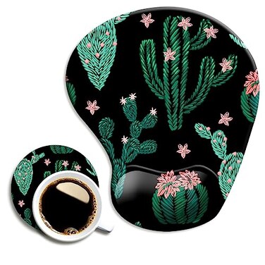 DOOKE Ergonomic Mouse Pad with Wrist Support and Coaster,Mouse Pads with Non-Slip PU Base for Home Office Working Studying Easy Typing &amp; Pain Relief Cute Cactus