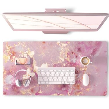 QIYI Large Mouse Pad, Cute Pink Desk Mat for Desktop, Women Girls PU Leather Waterproof Gaming, Rose Gold Marble Computer PC Laptop Protector Writing Pads for School Office Home 31.5" x 15.7